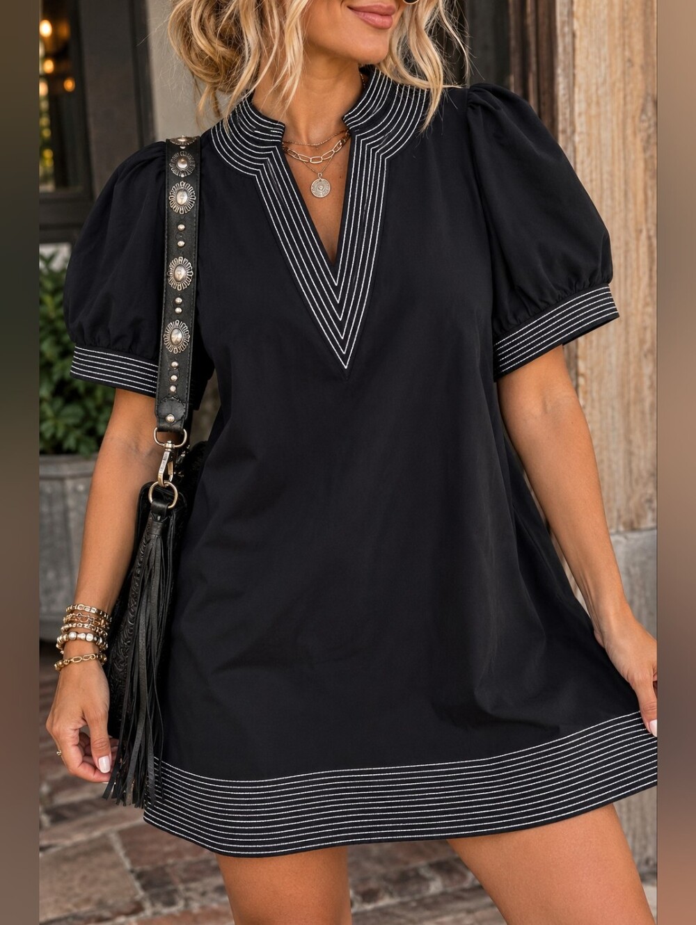 Wenrine Black White Stitch Puff Sleeve Shift Mini Dress Large L